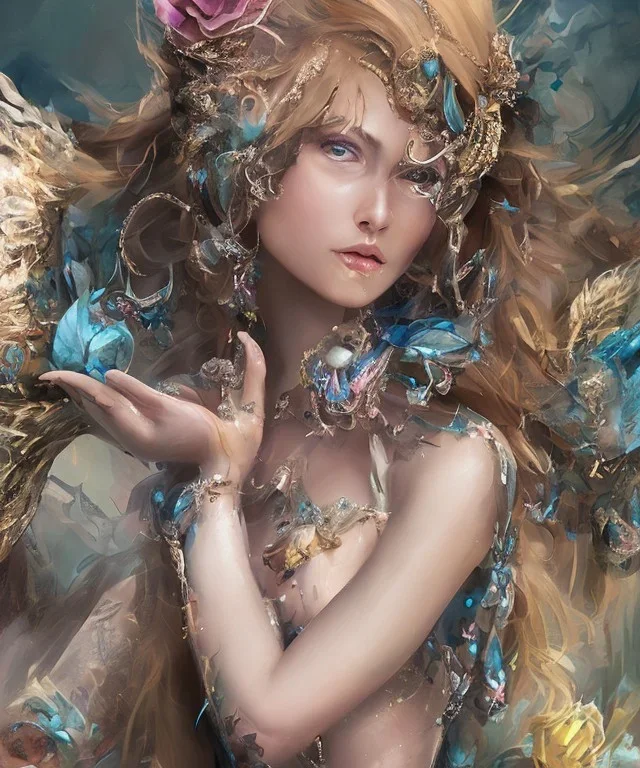 corps de femme de profil, féerique harmonieux et fine, jolie bouche, grand cheveux blond, collier avec des perles de cristal, très grande ailes, lac bleu turquoise,