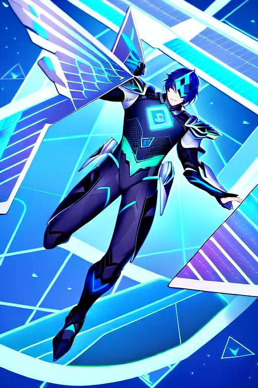 neon blue, flying parts of armor in form of triangles, cyber armor, geometric patterns on armor, male, orbiting triangle