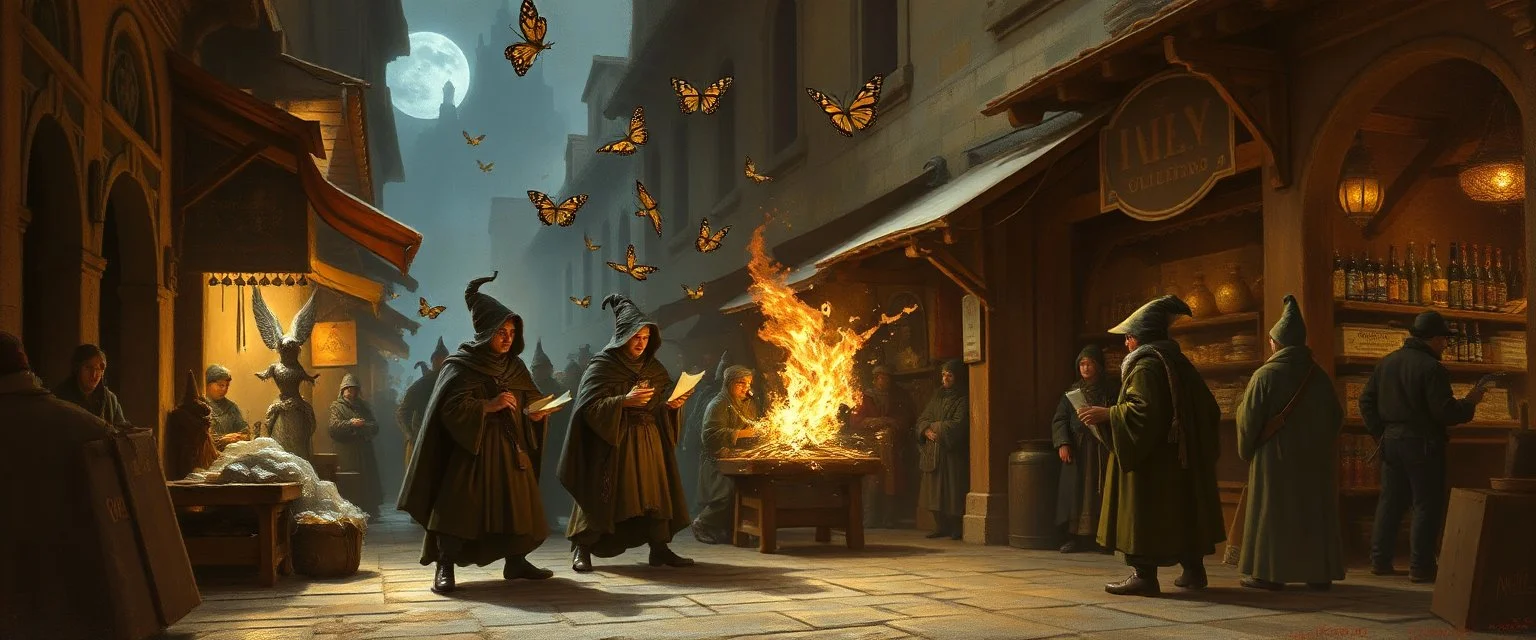 fantasy art, style of Rembrandt,Student prank gone wrong: Apprentice wizards from the Conclave of Silverymoon accidentally conjure a mischievous minor illusion (e.g., a swarm of butterflies or a caustic pheasant) in the market.