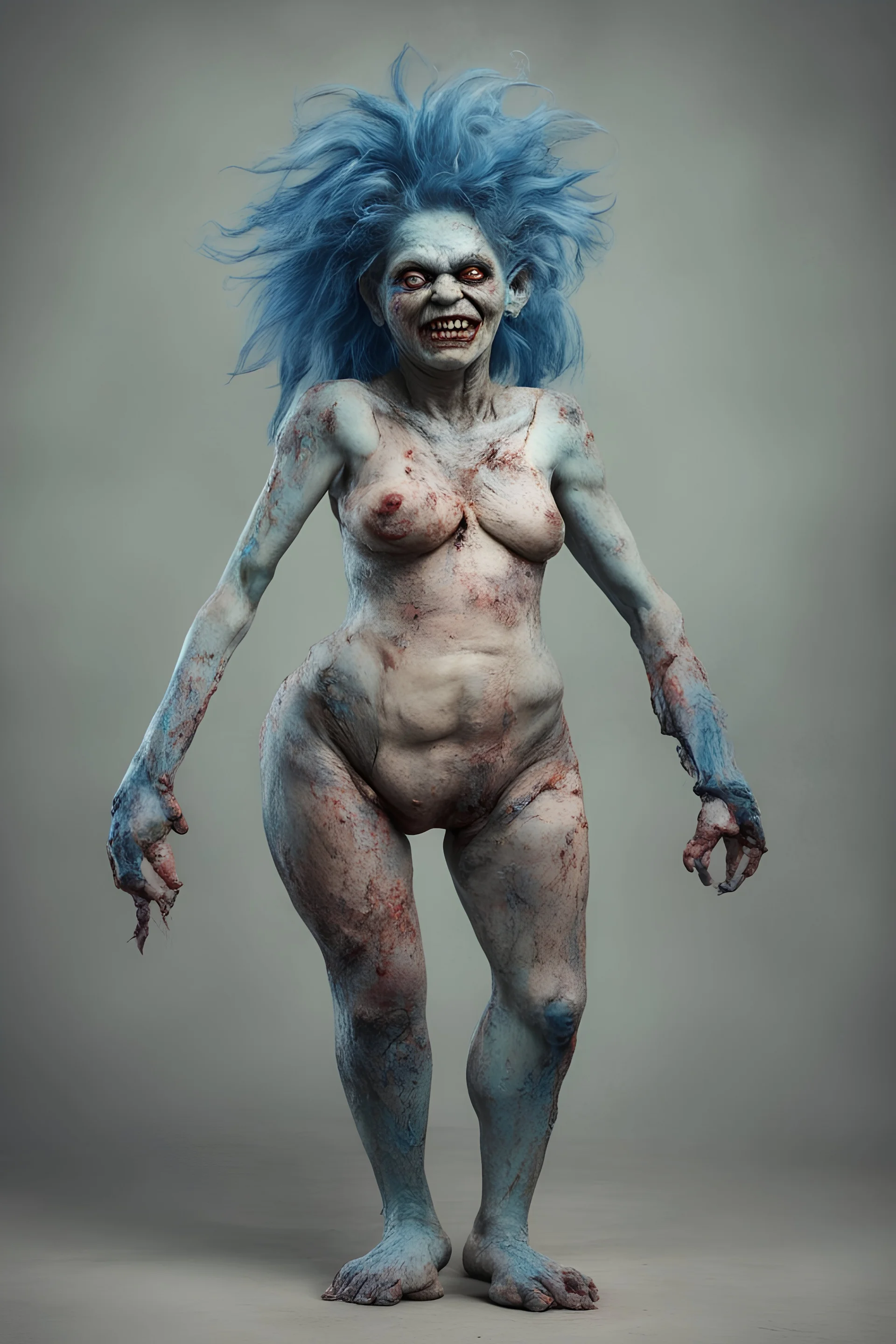 an ugly deformed abomination of an extremely anorexic fat girl with an amputated arm and an amputated leg and really funky blue hair, she looks like a zombified corpse