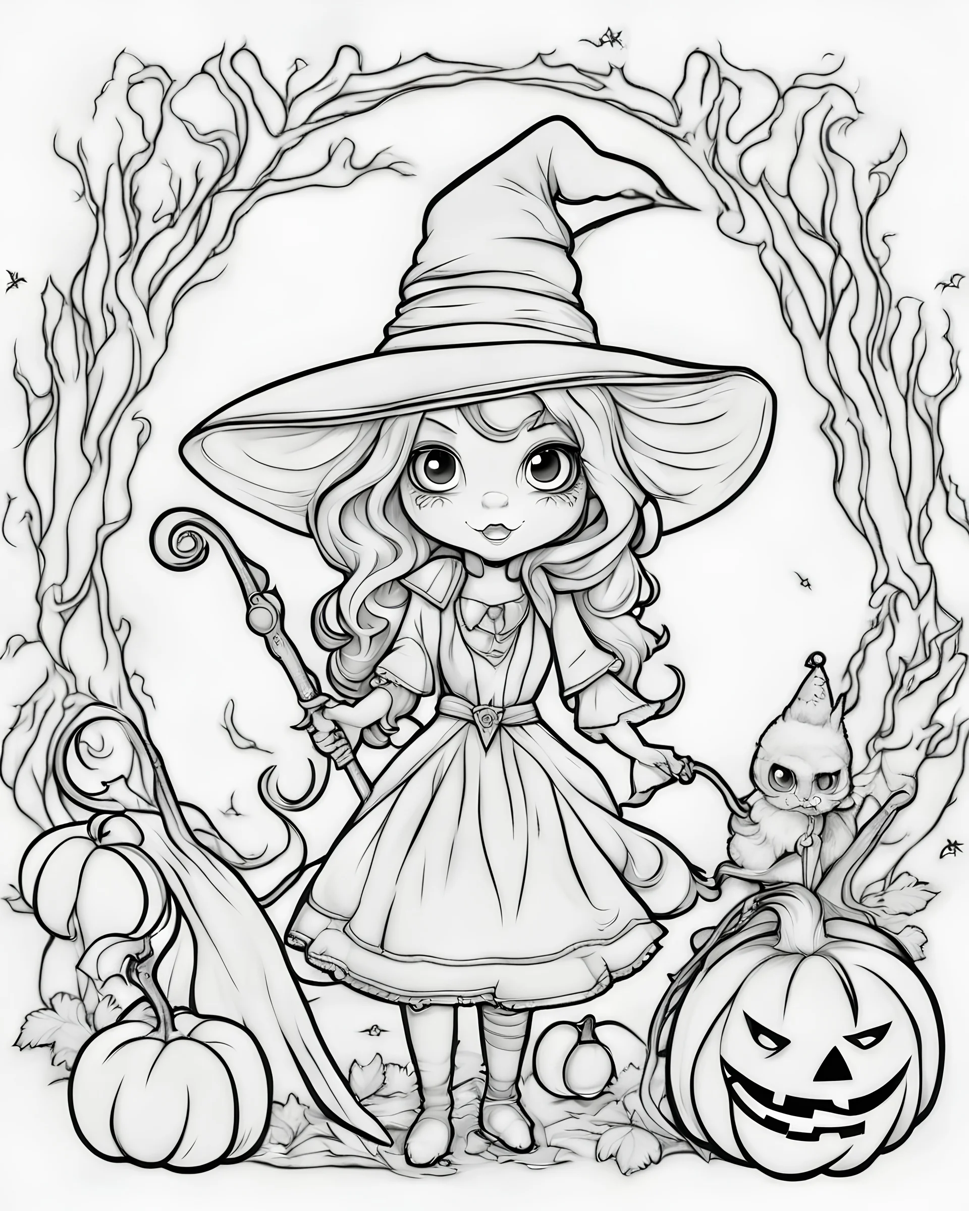 outline art for cute Halloween coloring page with whitch, white background, Sketch style, full body, only use outline, Mandala style, clean line art, white background, no shadows and clear and well outlined