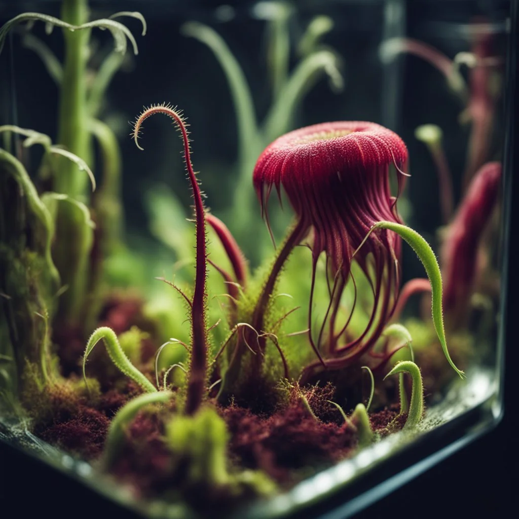 close up of horrific carnivore plant with needle sharp teeth in a glass square terrarium, sharp focus, high contrast, dark tone, bright vibrant colors, cinematic masterpiece, shallow depth of field, 16k resolution, photorealistic, intricate details, dramatic natural lighting