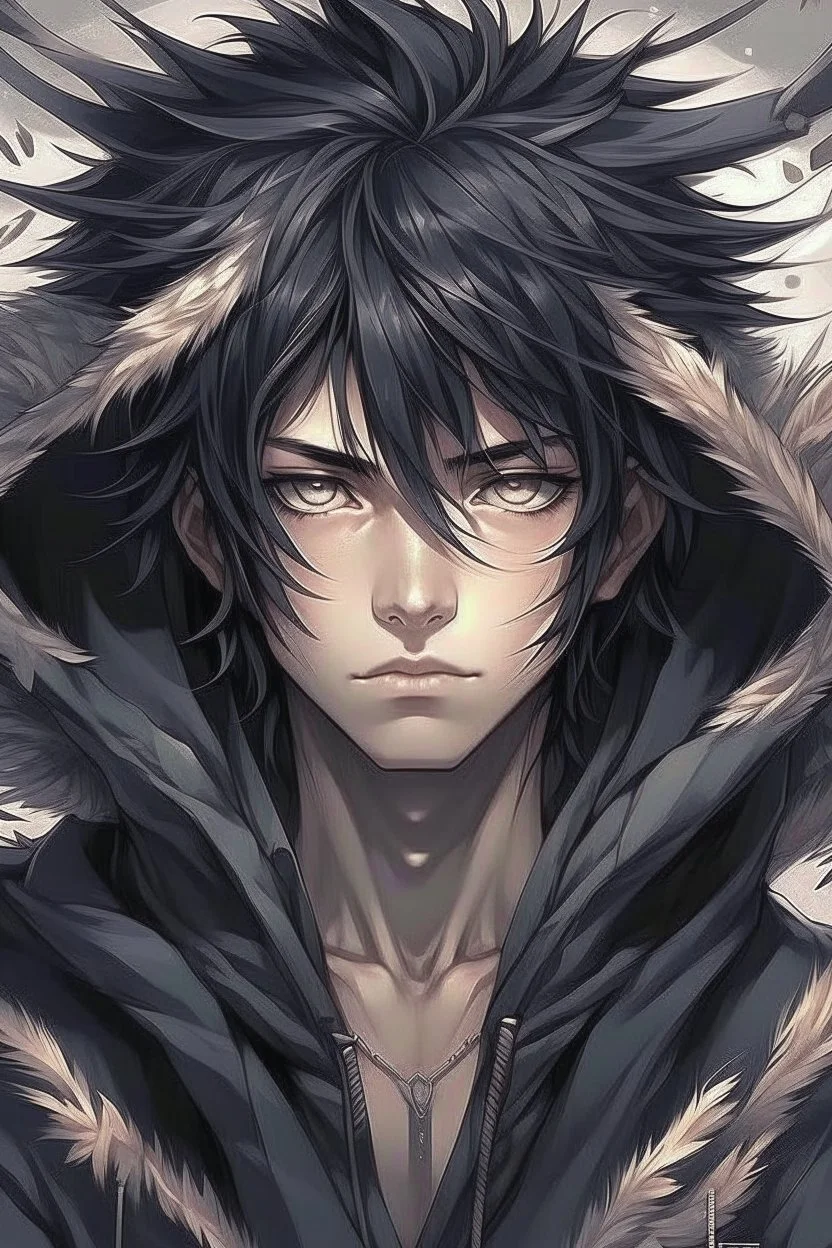 Anime man in hood messy black hair realistic feathers