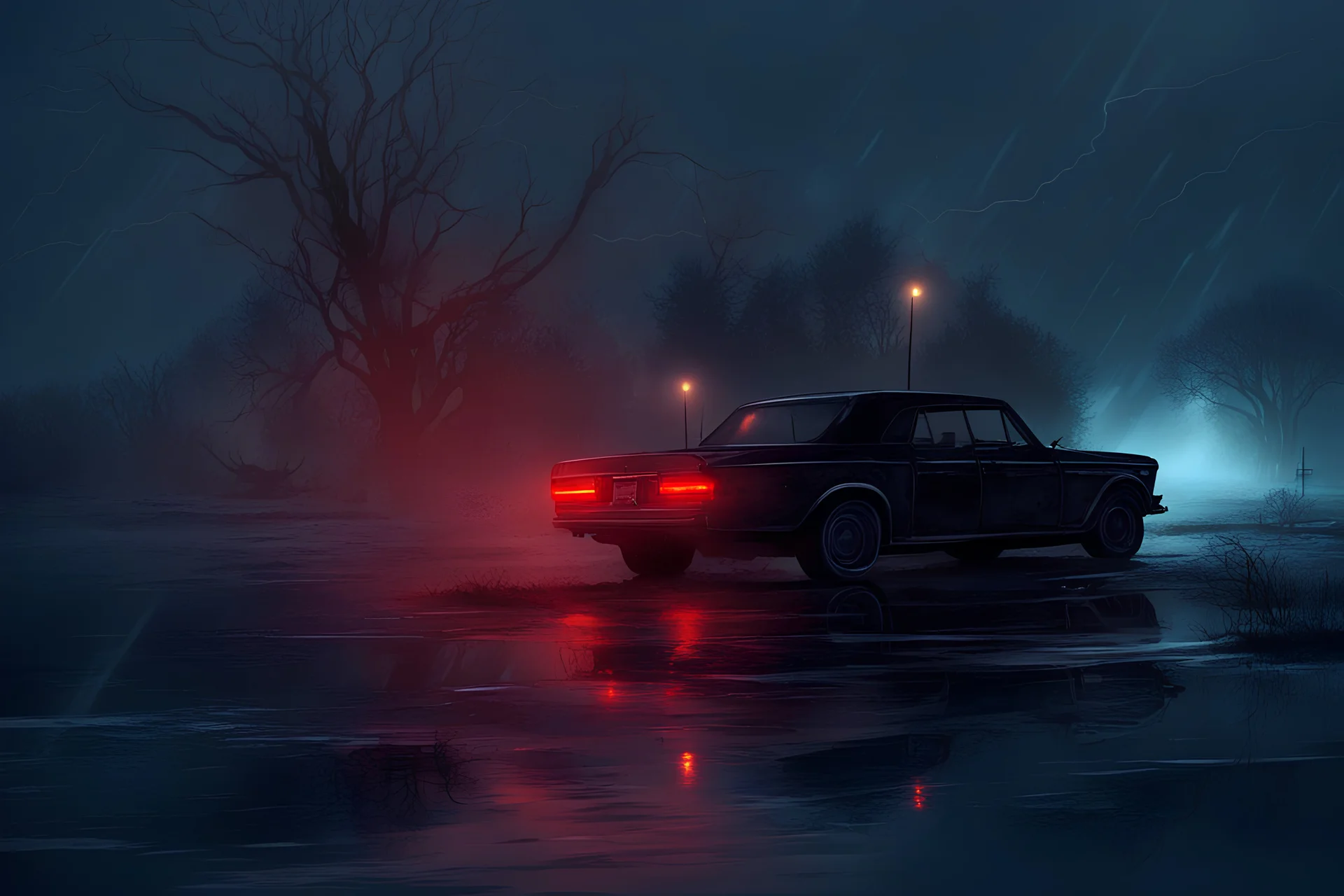 A moody, atmospheric illustration of a lone car on a desolate road in rainy, with rainy drifting, trees silhouetted against the dark sky, and distant warm lights piercing the gloom."