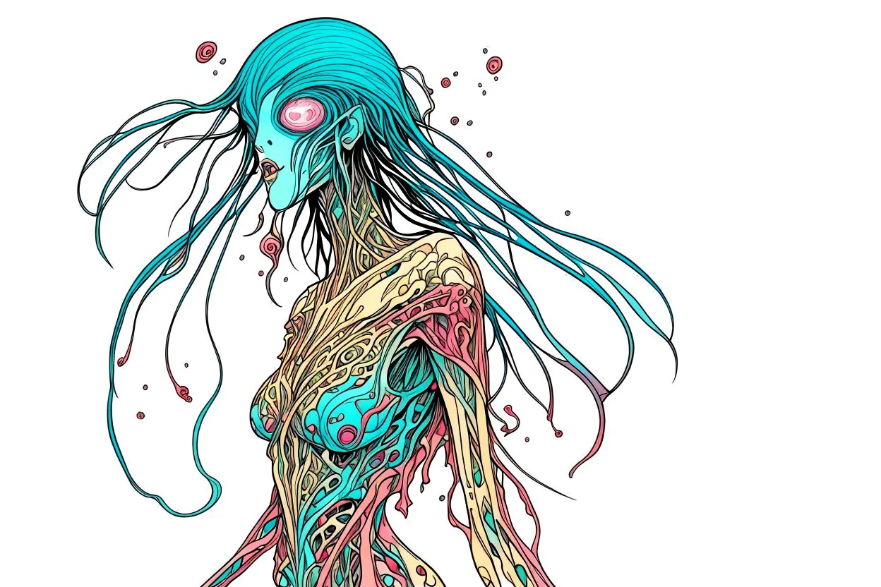 full color front facing full body illustration of a malevolent shape shifting female Funayurei water ghost with highly detailed facial features and skin textures, in the style of Alex Pardee , Jean Giraud Moebius, and Katsushika Hokusai, highly detailed, boldly inked, darkly colored