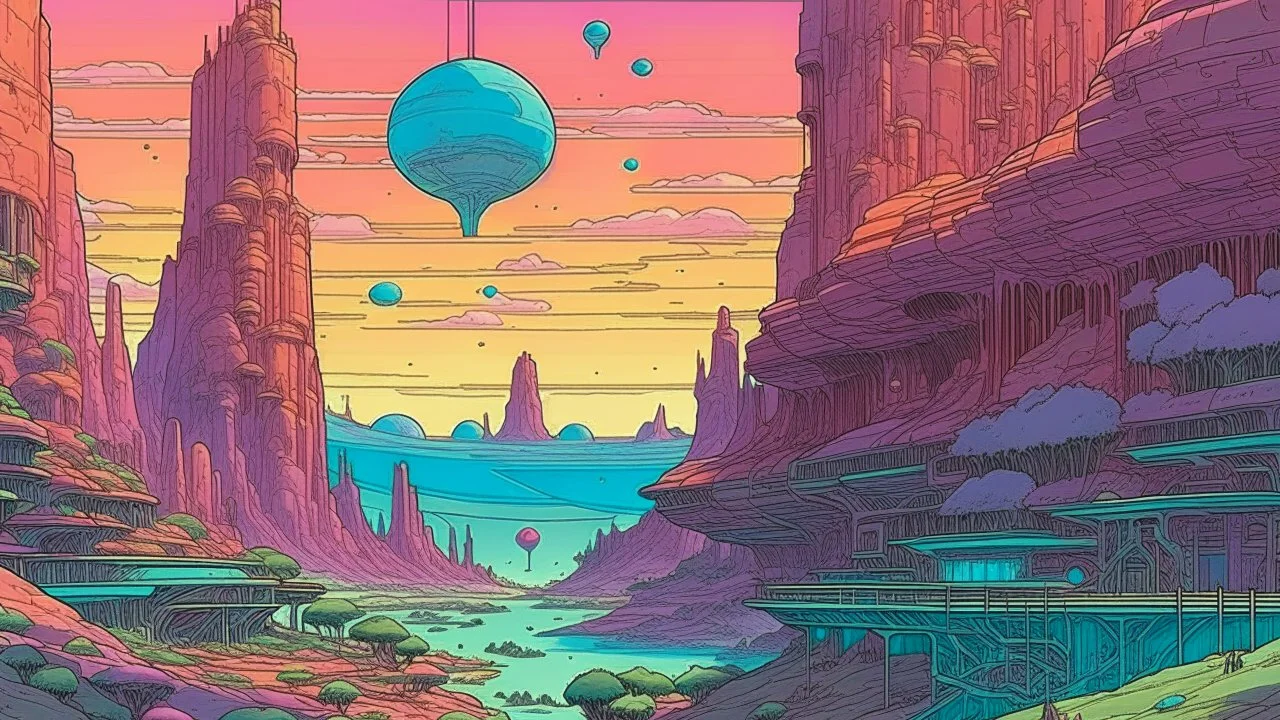 "Visualize an alien world, illustrated in the unmistakably surreal yet intricate Moebius comic style. Imagine extraterrestrial landscapes teeming with unknown flora and fauna, brilliant hues that dare to redefine the color spectrum, and architectural anomalies defying the laws of physics. This is not just a backdrop, but a living, breathing entity converging on the canvas of our imagination."