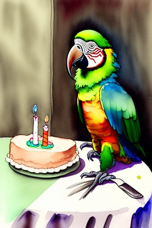 Parrot is sitting at a table with a birthday cake. Watercolour