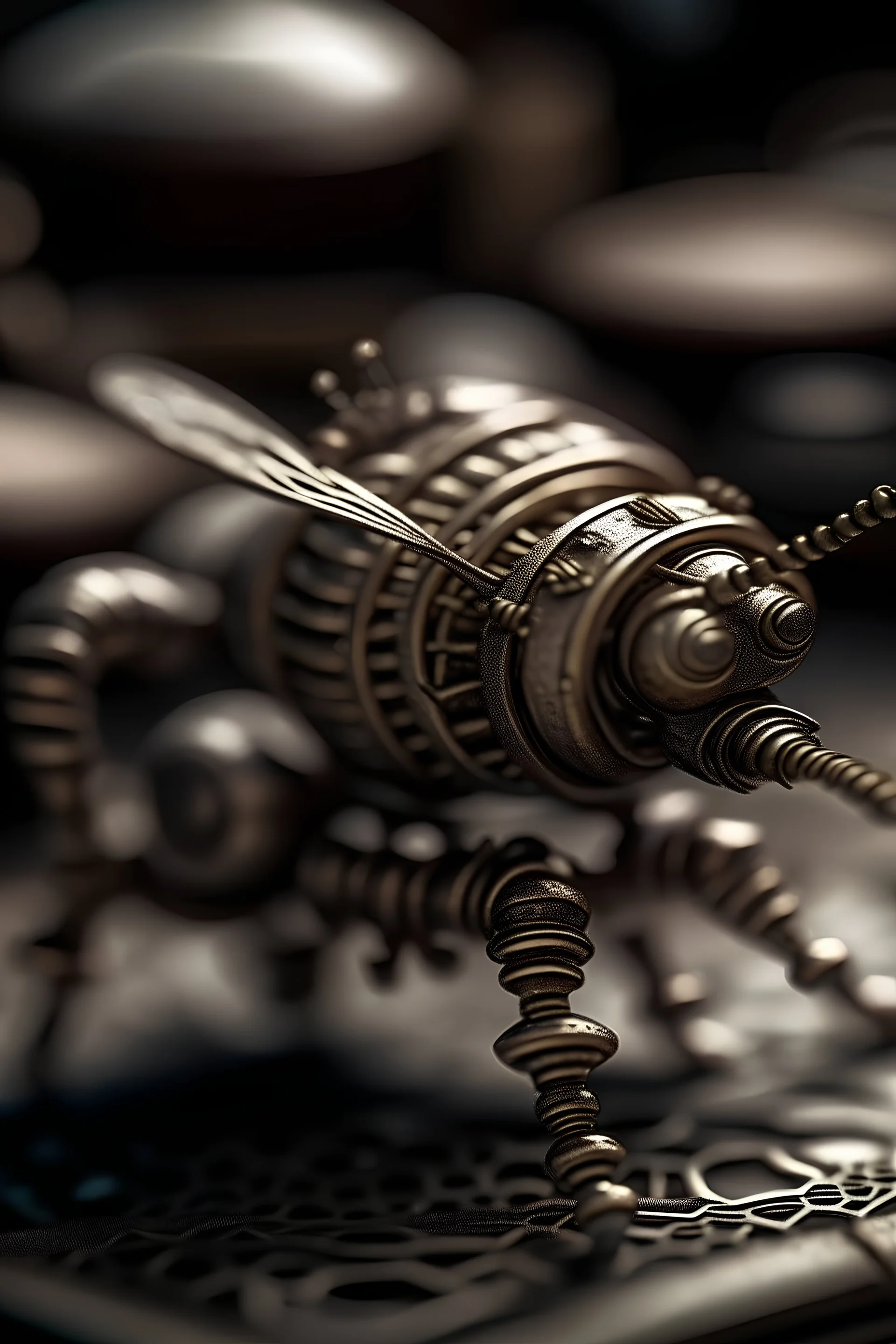 bee, paradox, metal, machinery, close-up, ultra-detail, depth of field
