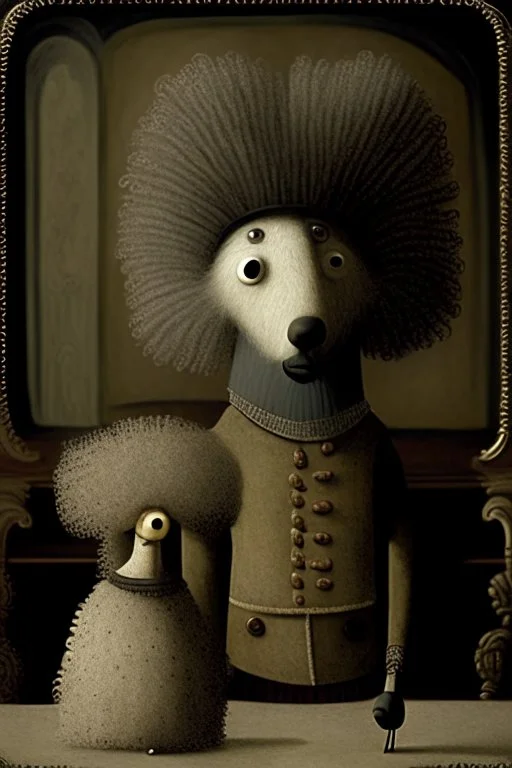 maurice miguel miguel & charles de nol screen capture 6, in the style of quirky characters and objects, trompe-l'œil illusionistic detail, finely textured brushwork, poodlepunk, dark beige and gray, historical fiction, cranberrycore