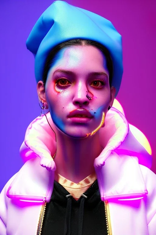 Ultra Realistic image, Rosalía artist, portrait, waist up portrait, long black eye line, sweet face, inflatable hoodie, gold pink and blue style, spray glow make up, led lights, neon, rings piercing nose, led ornament, fog, cold, bubble latex coat, vibrant color, highly detailed, art stations, concept art, smooth, unreal engine 5, god rays, ray tracing, RTX, lumen lighting, ultra detail, volumetric lighting, 3d, finely drawn, high definition, high resolution.