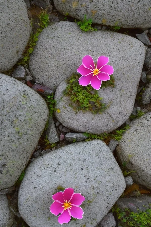 small beautiful flowers grow out of cracks in the grey stones and rocks