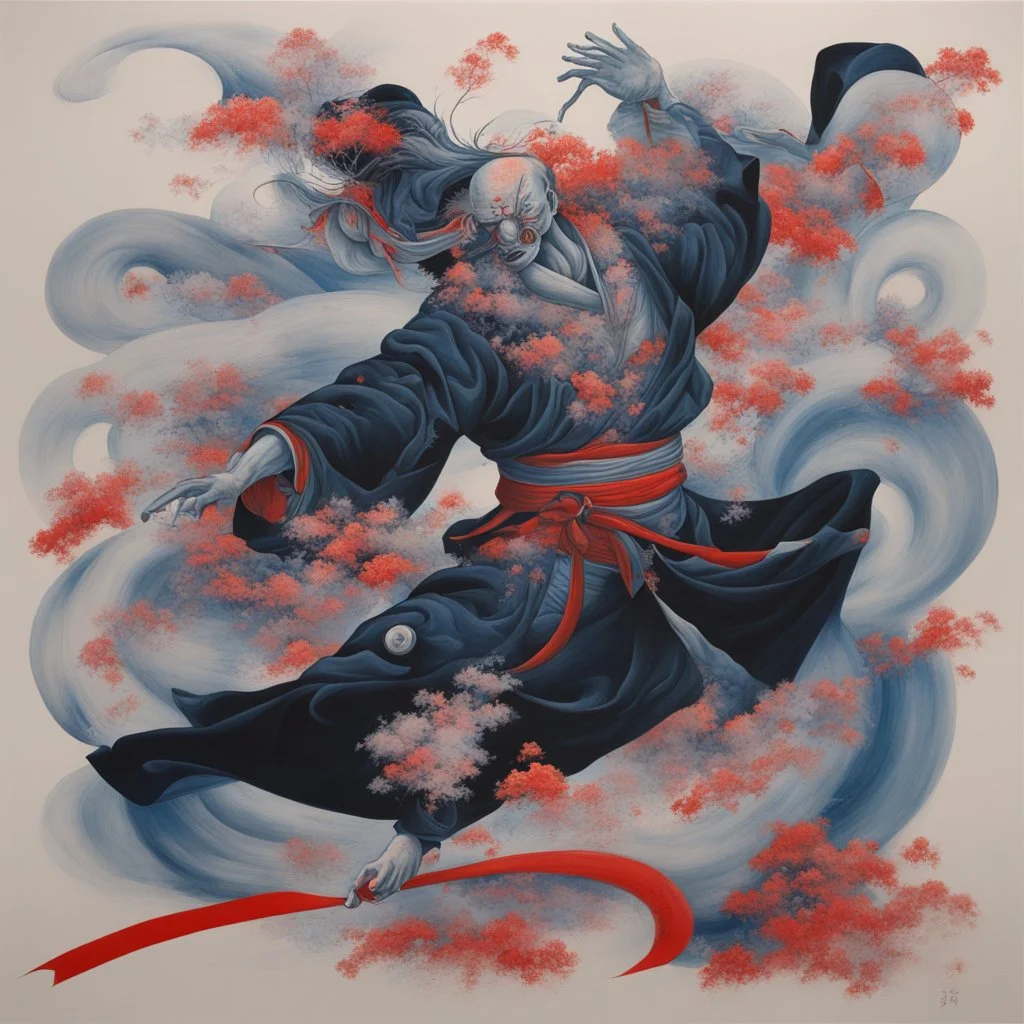 Japanese Shodo acrylic on silk painting, JAPANESE SPIRIT NO. 6, by Tenmyouya Hisashi, dynamic composition, surreal man machine hybrid, epic masterpiece