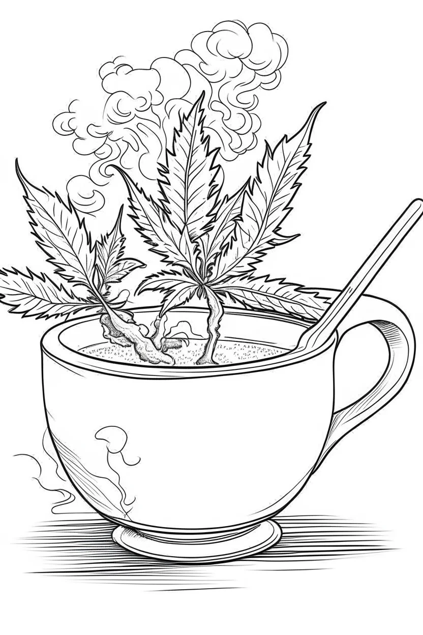 Outline art for coloring page, A JAPANESE CHAWAN TEACUP. A SHORT LIT MARIJUANA CIGARETTE. WHISPS OF SMOKE, coloring page, white background, Sketch style, only use outline, clean line art, white background, no shadows, no shading, no color, clear