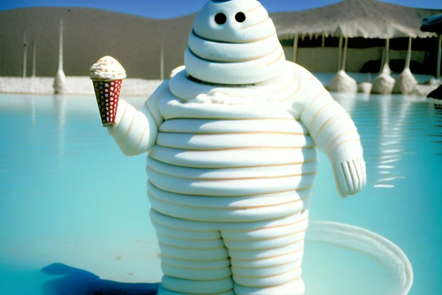 Dejected mottled lovecraftian anthropomorphic marshmallow man creature wearing a vintage 1920's vertical striped bathing suit holding a melting ice cream cone, surreal digital photograph, clear depth of field, in far distant background is a public swimming pool with someone floating face down in the middle, circular life preserver on a pole, surreal, dramatic, sinister, fantastical, complex contrast, dynamic