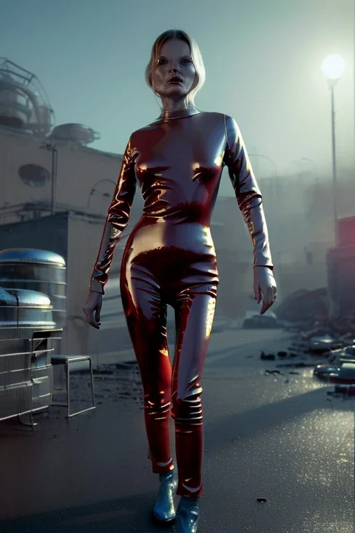 retro sci-fi press image from 1960, supermarket explosions, people running, sweet young Kate moss walking, tight latex suit, weapon, fighting stance, soft color, highly detailed, unreal engine 5, ray tracing, RTX, lumen lighting, ultra detail, volumetric lighting, 3d, finely drawn, high definition, high resolution.