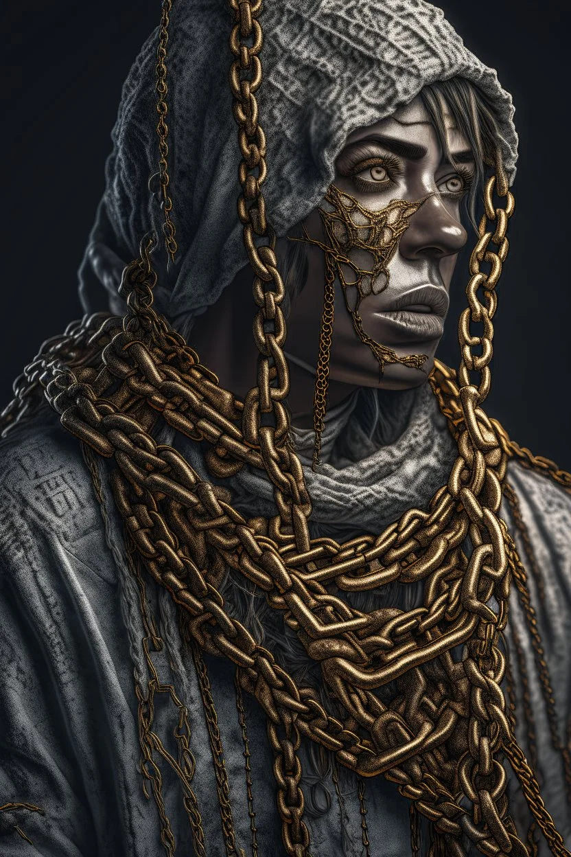 nightmares paint style Title: "a woman wearing a cloths made out from metal chains , insanely detailed octane render trending on artstation,white background , 8k artistic photography, photorealistic concept art, soft natural volumetric cinematic perfect light, chiaroscuro, award-winning photograph, masterpiece, oil on canvas, Raphael, Caravaggio, Greg Rutkowski, people, beksinski, Giger