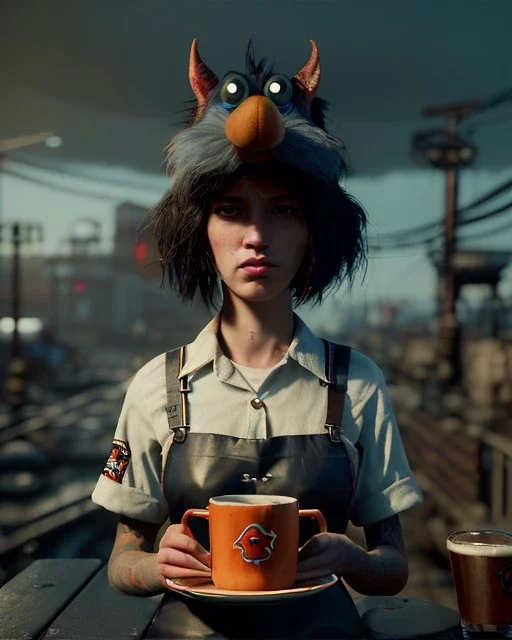 Waist up portrait, hybrid character, waitress British woman with monster muppet mask that covers her entire head and face, Sesame Street style, retro style, pub, short shirt, tray, beer, old school tattoo, hot, smooth, unreal engine 5, god lights, ray tracing, RTX, lumen lighting, ultra detail, volumetric lighting, 3d.