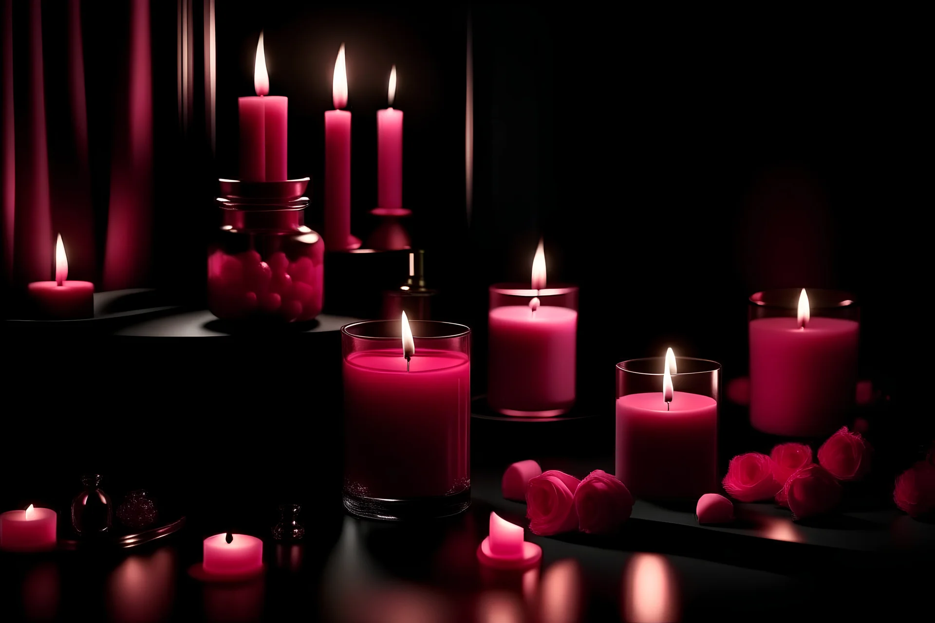 generate me an aesthetic complete image of pink perfume in dark room with candles