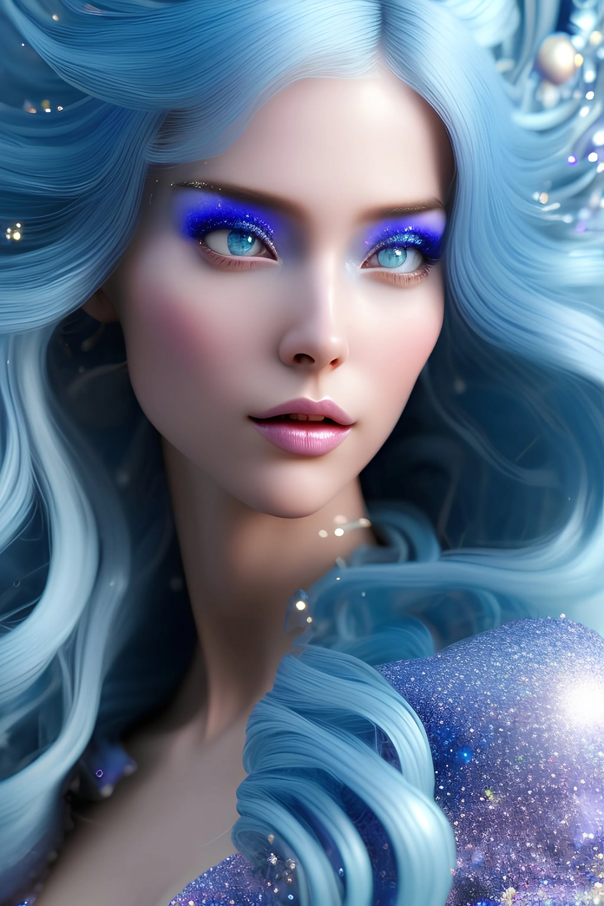 woman glitter blue fairy in a galactic ambiance, long blue hair, detailed gorgeous smile, delicate colors in the foreground, full of details, smooth, light effect，vaporwave colorful, smooth, extremely sharp detail, finely tuned detail, ultra high definition, 8 k, unreal engine 5, ultra sharpBeautyful smiling young woman, long hair amazing blue eyes, flowers, happy cosmic, bright colors, blue, pink, gold, jewels, realistic, photo real, clear sunny background, highly detailed, high contrast, 8k 