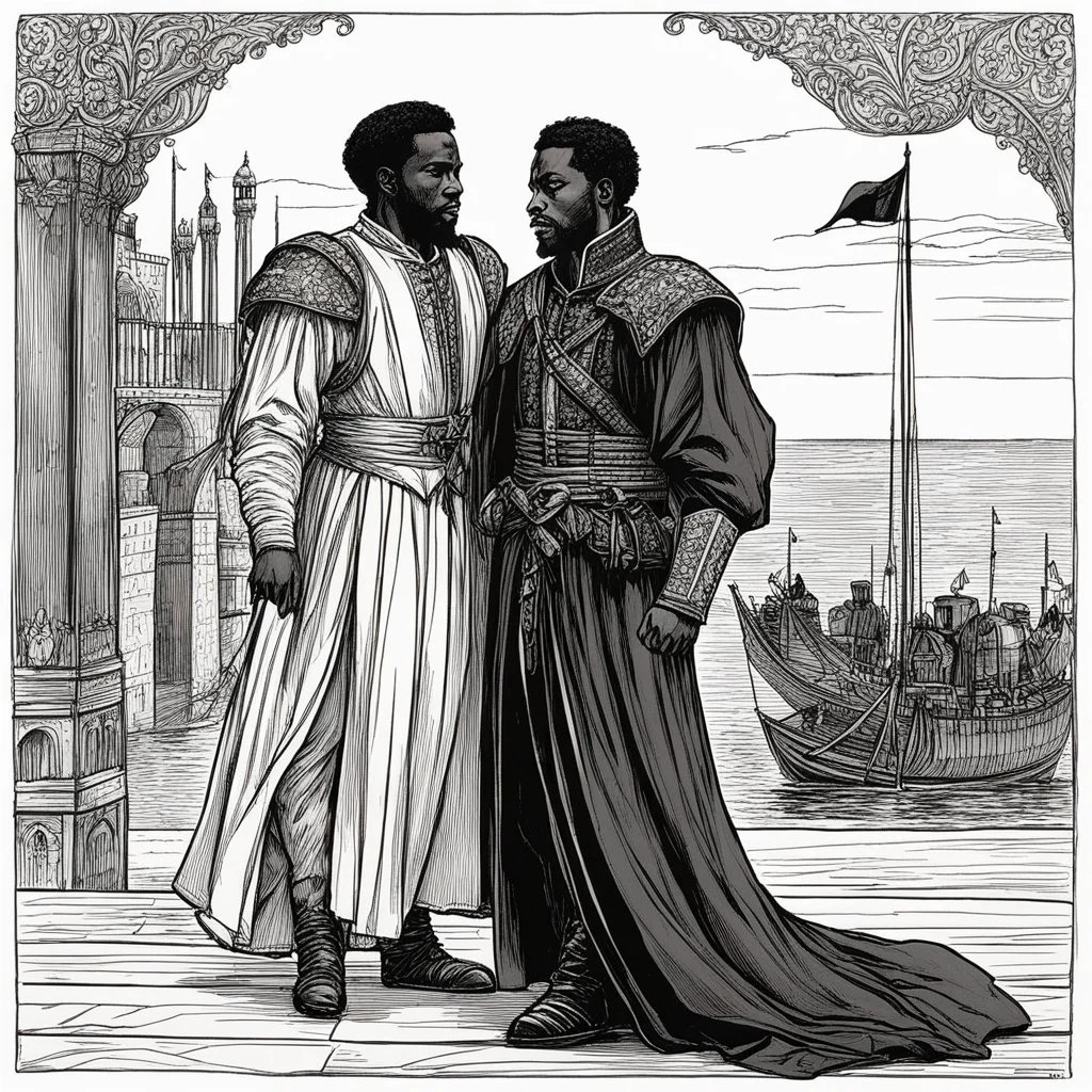 The Tragedy of Othello, the Moor of Venice, is a tragedy written by William Shakespeare. Set in Venice and Cyprus, the play depicts the Moorish military commander Othello as he is manipulated by his ensign, Iago, into suspecting his wife Desdemona of infidelity Record of Lodoss War style, Linework: Expressive, expressive black ink line art with variable stroke weights. Crisp contours define silhouettes while fine hatching adds subtle depth and form.