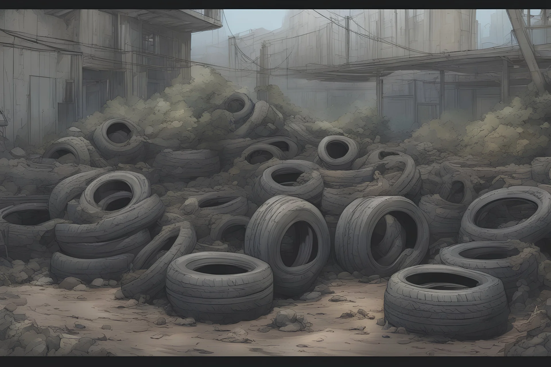 Pile of tires, metal pipes, junk, overgrown, post-apocalyptic, comic book,