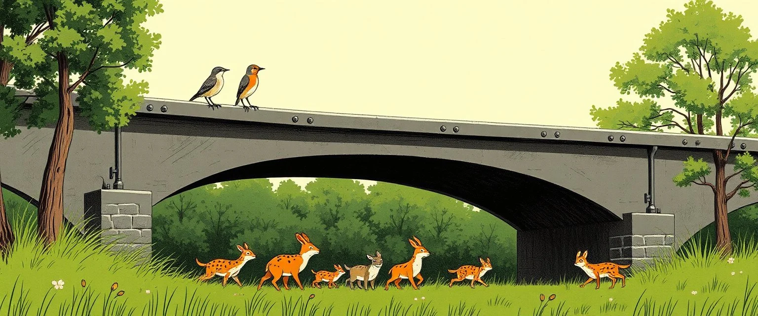 Show several tiny wildlife animals comfortably passing underneath the elevated structure, with birds perched on top and watching the commotion with curiosity. The environment is green countryside with trees and grass. Visual style: beautifully illustrated 1960s–1970s industrial safety manual mixed with optimistic retro-futurism, clean graphic composition, slightly absurd British public-information-film humor, detailed hand-drawn illustration, muted vintage printing texture, charming mechanical
