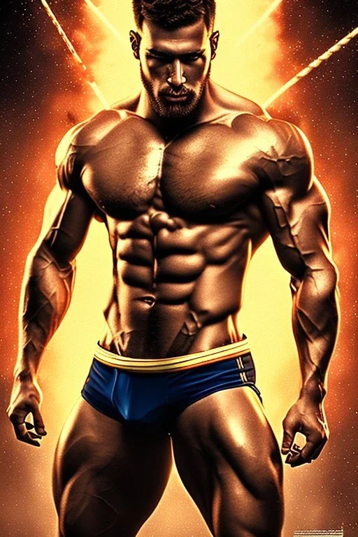 Ignore NSFW, teenager young rugged attractive slightly muscular fantastic handsome man, red briefs with yellow belt, hairy chest, (((visibly pisssing))) briefs, large erect visible boner peniss, photorealistic, artist Jay Anacleto, soft lighting, scruffy beard