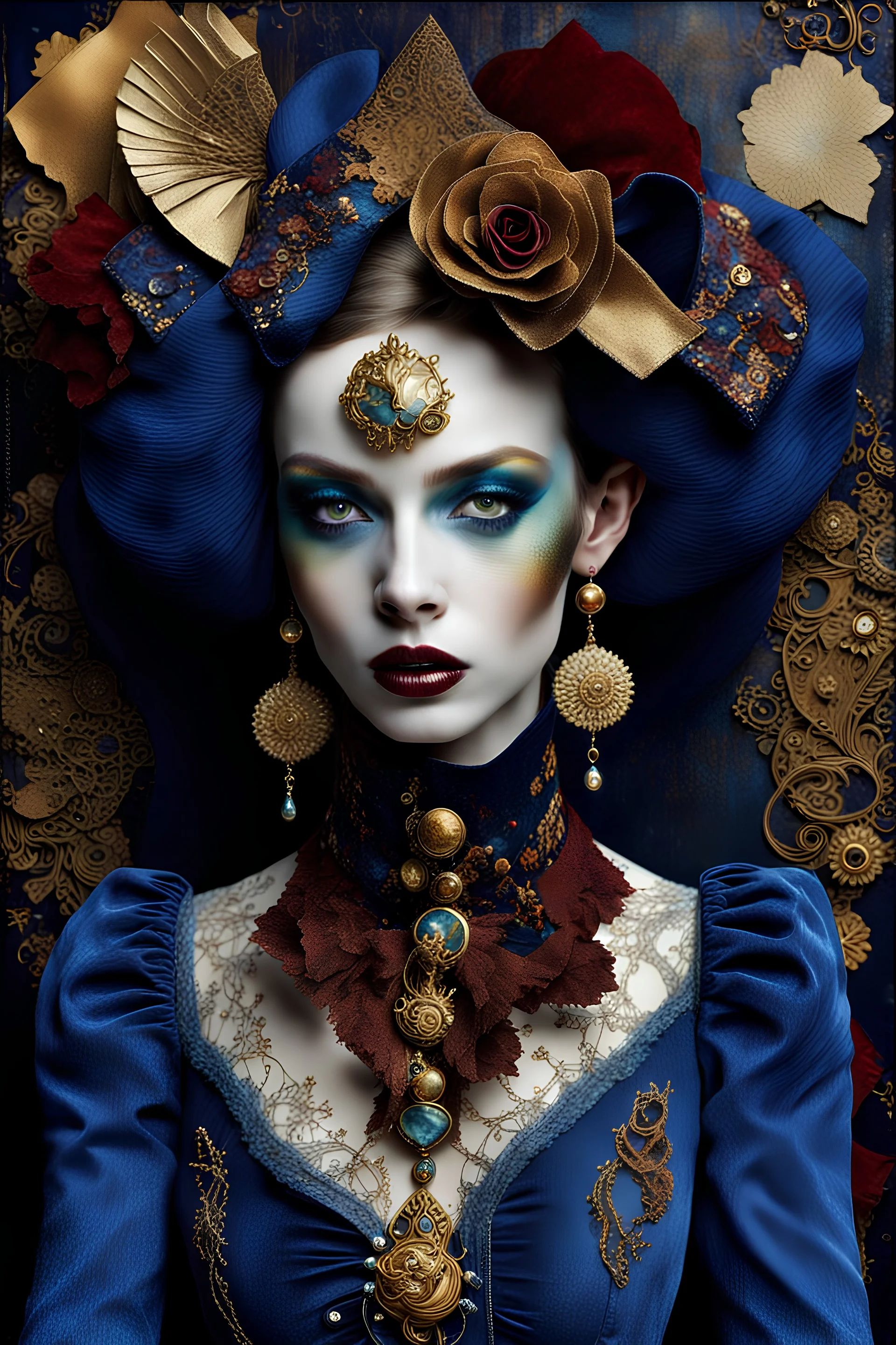 deep rich colors,magical lighting,surreal fantasy amazingly beautiful absolutely stunning fantasy fashion portrait,velvet,corduroy,denim,suede,leather,chambray,gingham;fabric collage,stamping,alcohol ink,subtle gold sparkling,findings,paint;by artist Tim Holtz,decoupage,by photographer Edward Steichen,jewellery wire,ribbon,lace;fabric background,by artist Joseph Cornell,hyperdetailed;crisp line,ultra hd,realistic,vivid colors