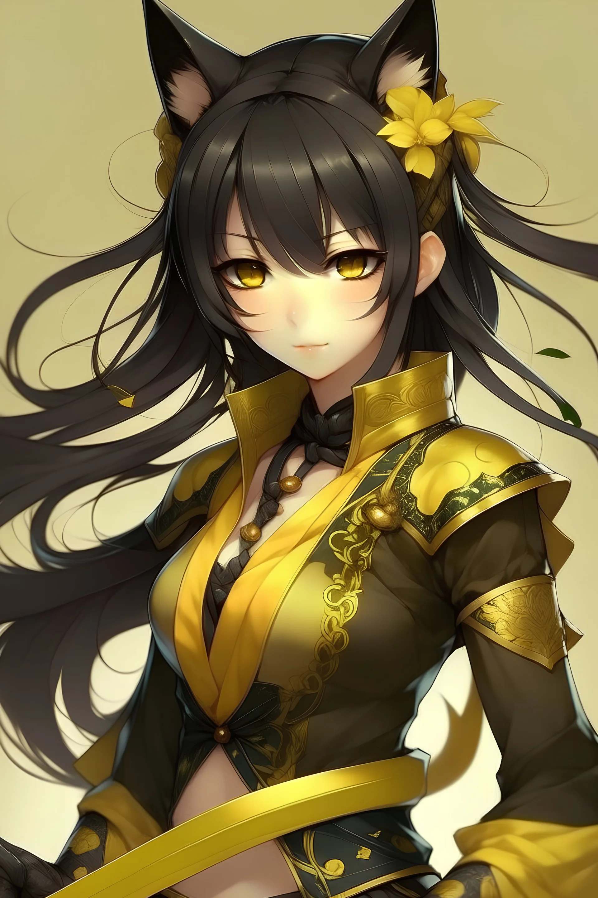 neko, cute, black hair, yellow eye, long oriental outfit, warrior, swordman