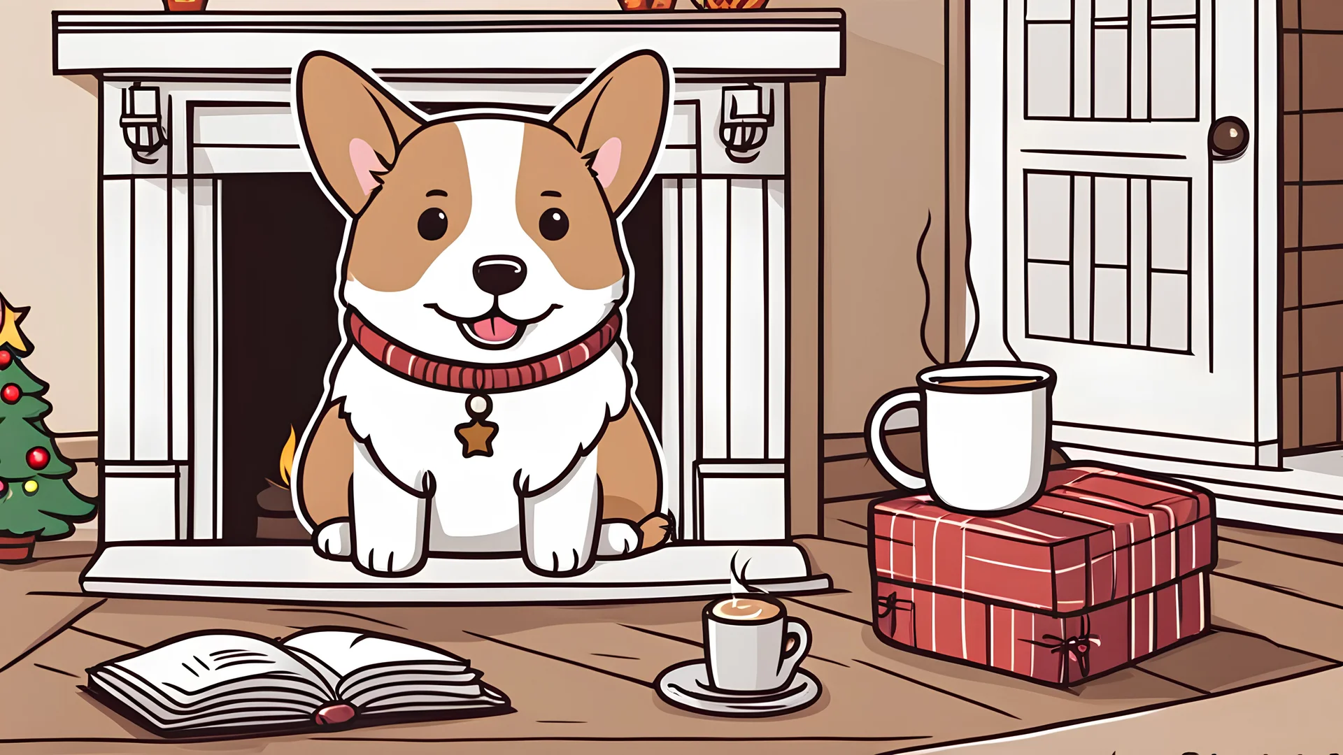 cute cartoon welsh corgi relaxing in front of the fireplace at Christmas with a ((mug of hot cocoa))- cartoon - pusheen style - hello kitty style