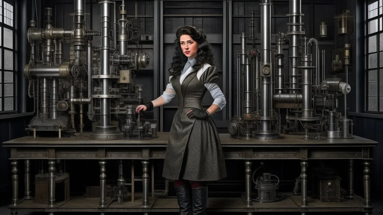 woman with dark wavy hair, with detailed metallic legs and arms, dressed like a Victorian, in a laboratory full of small machines