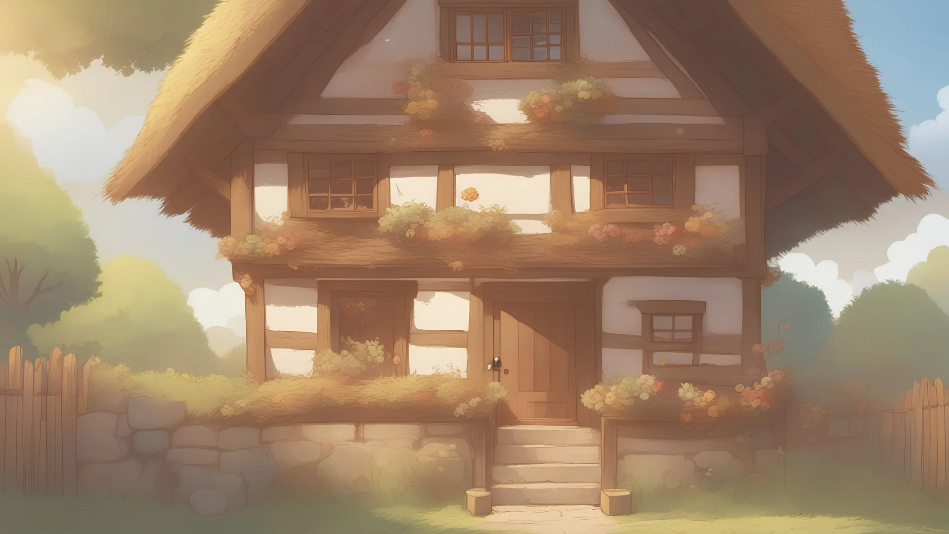 The thatched house is light and colorful, but the wolf blows and the house seems to tremble.