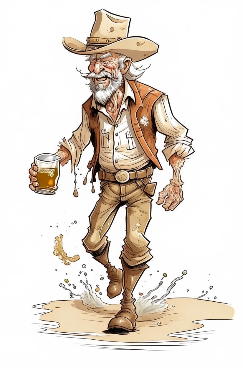 Bare drunk old cowboy in pants runs