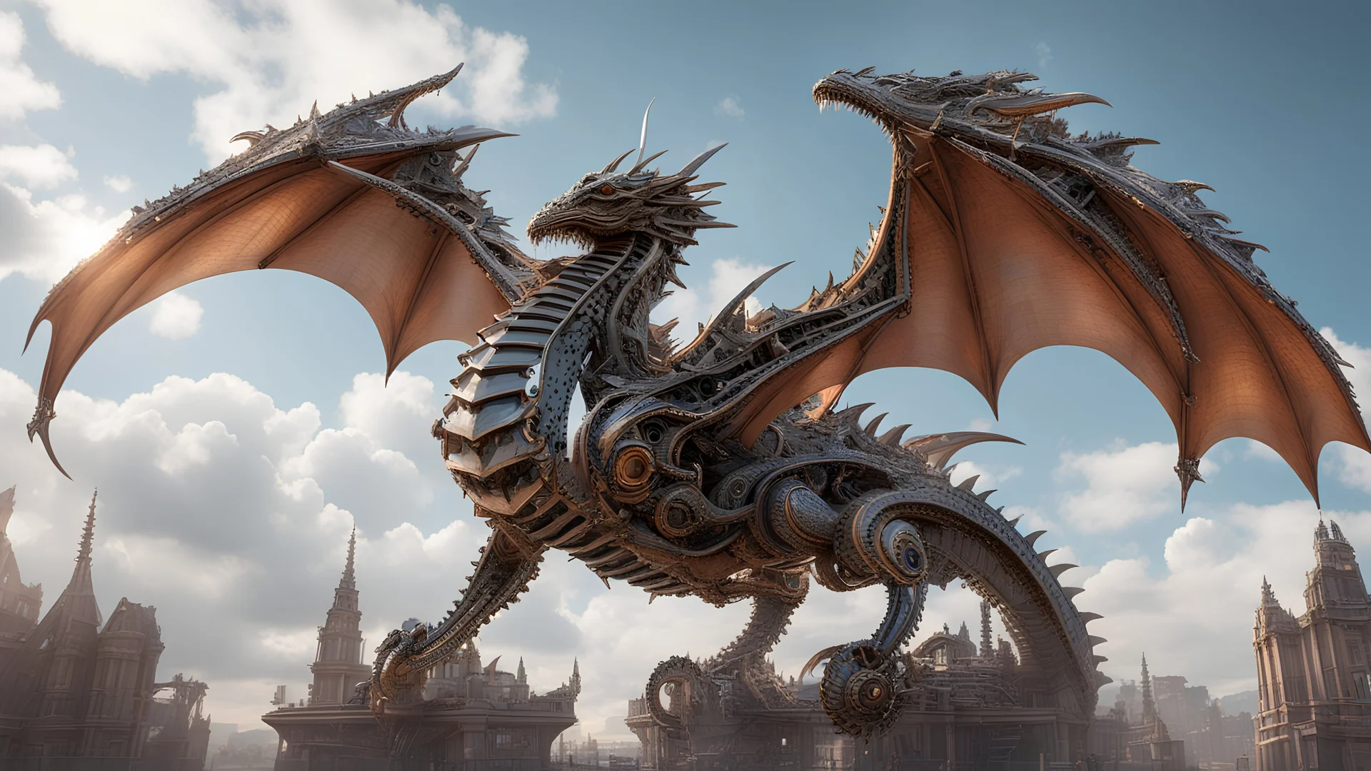 A magnificent mechanical dragon soaring through the sky, constructed from an array of interconnected gears, pistons, and metal plates. The dragon's wings are made of shimmering, flexible alloy, and steam billows from its joints as it moves, Ultra Realism, beautiful intricate insanely detailed octane render, 5d, 16k, artistic photography, natural volumetric perfect light, chiaroscuro, award-winning photograph, masterpiece, rule of thirds, 80mm lens, adjust perspective