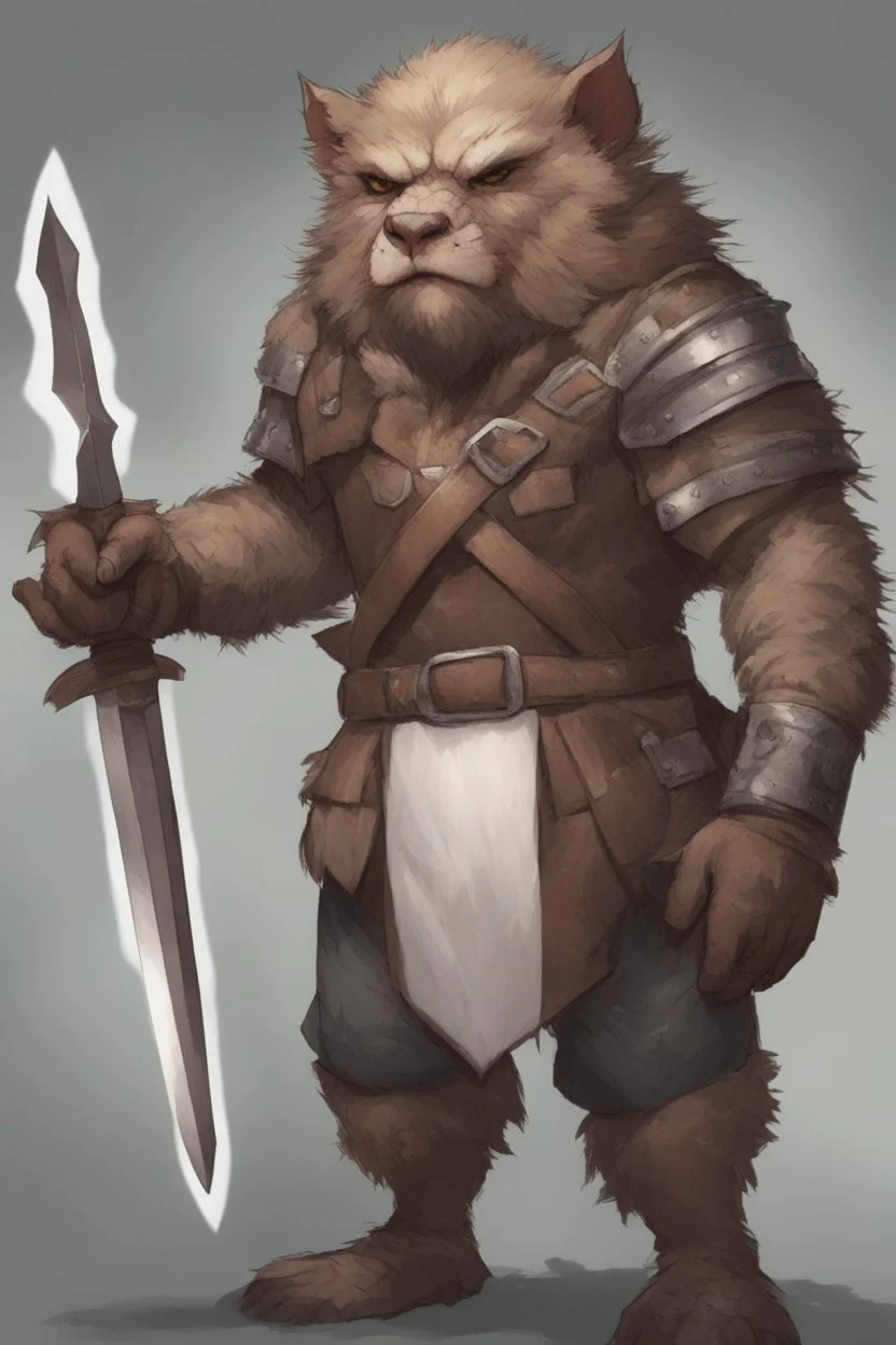 Dnd a young bugbear with WHITE fur and leather armor with swords