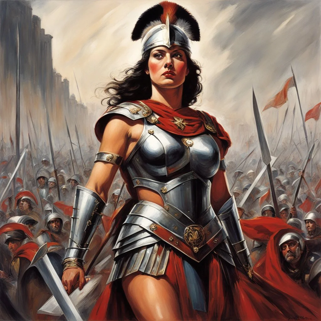 [art by Antonio Sant'Elia] In the midst of a raging war, amidst the clash of swords and the cries of the fallen, a figure stood tall. A woman unlike any other, her muscles rippled beneath her armor, a testament to her strength and resilience. She was a Roman Centurion, a warrior of unmatched skill, commanding respect from both friend and foe alike.