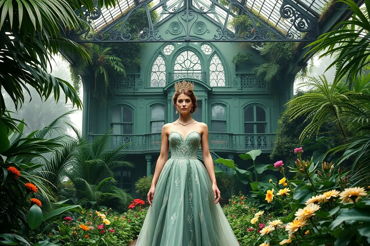 Victorian green open house overtaken by jungle, exotic birds nesting in iron rafters, morning mist, lost paradise atmosphere,a pretty model lady as queen walking in flowers to camera that capture closeup full body shot of her majesty.