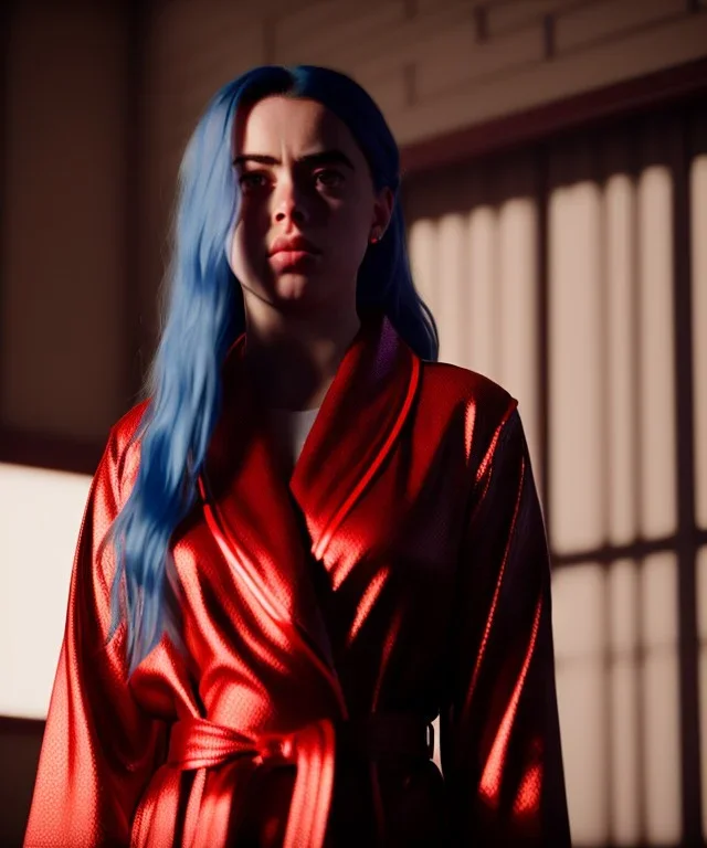 Billie Eilish, bathrobe, stockings, high detail, realistic, 8k, not to be distinguished from a photo, identical pupils