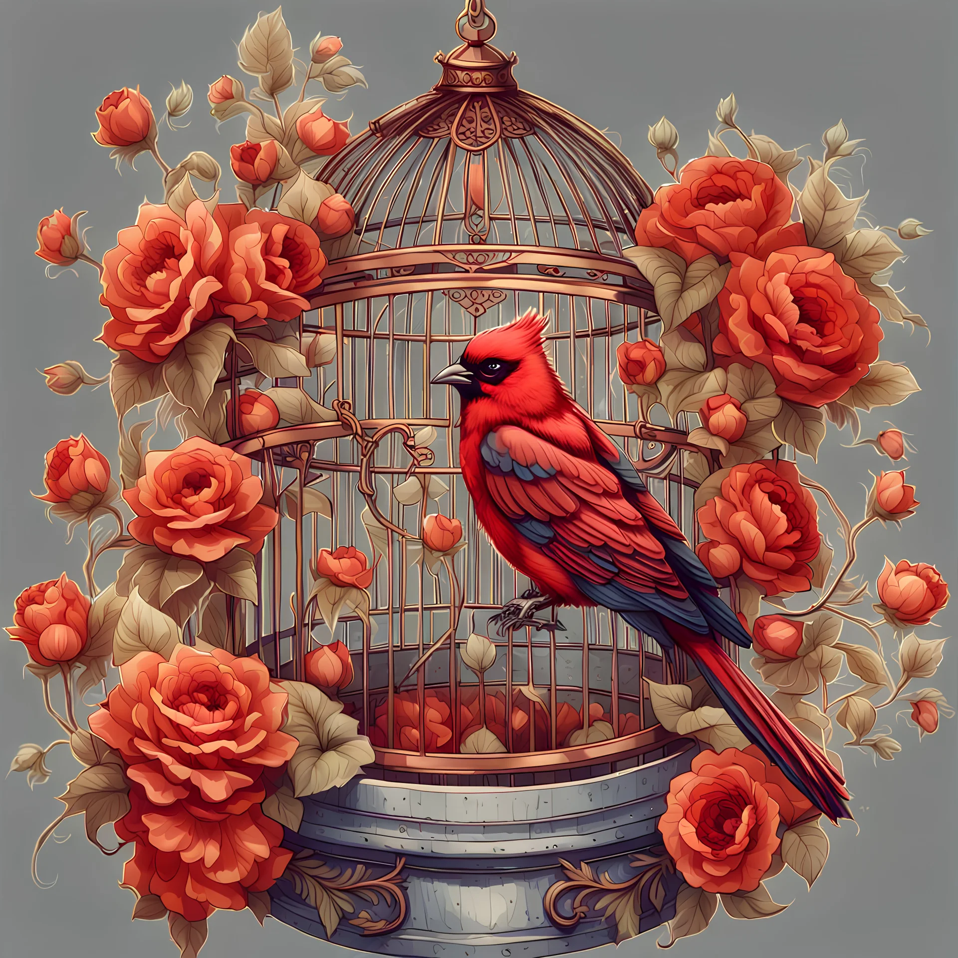 drawing of an old gothic dark red cage with a bird with flowers, lace and rubies, Trending on Artstation, {creative commons}, fanart, AIart, {Woolitize}, by Charlie Bowater, Illustration, Color Grading, Filmic, Nikon D750, Brenizer Method, Side-View, Perspective, Depth of Field, Field of View, F/2.8, Lens Flare, Tonal Colors, 8K, Full-HD, ProPhoto RGB, Perfectionism, Rim Li