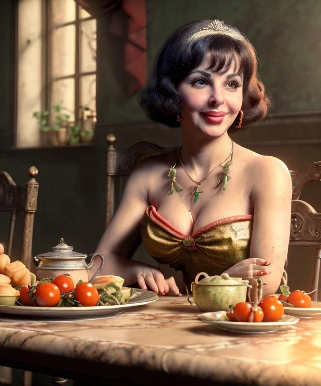 Ultra realistic photographic portrait, happy young Gina Lollobrigida woman sitting with arms resting on Italian kitchen table, ravioli dish, tomatoes, olive oil, renaissance style decoration, soft color, highly detailed, unreal engine 5, ray tracing, RTX, lumen lighting, ultra detail, volumetric lighting, high definition.