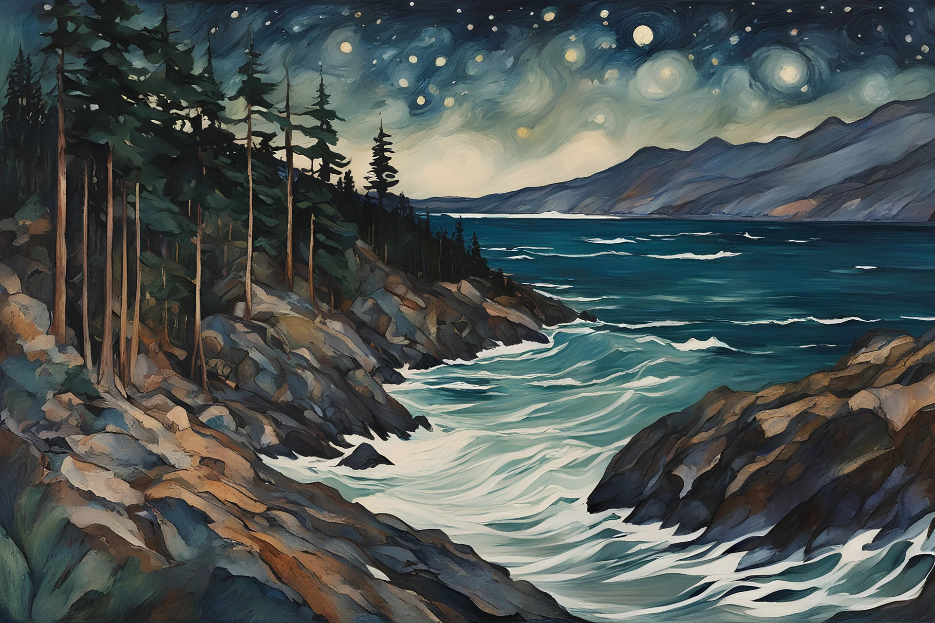 Painting of a lush coastal cedar forest along a rocky Pacific shore, beneath a star strewn winter night sky, in the Expressionist style of Egon Schiele, Oskar Kokoschka, and Franz Marc, in muted natural colors