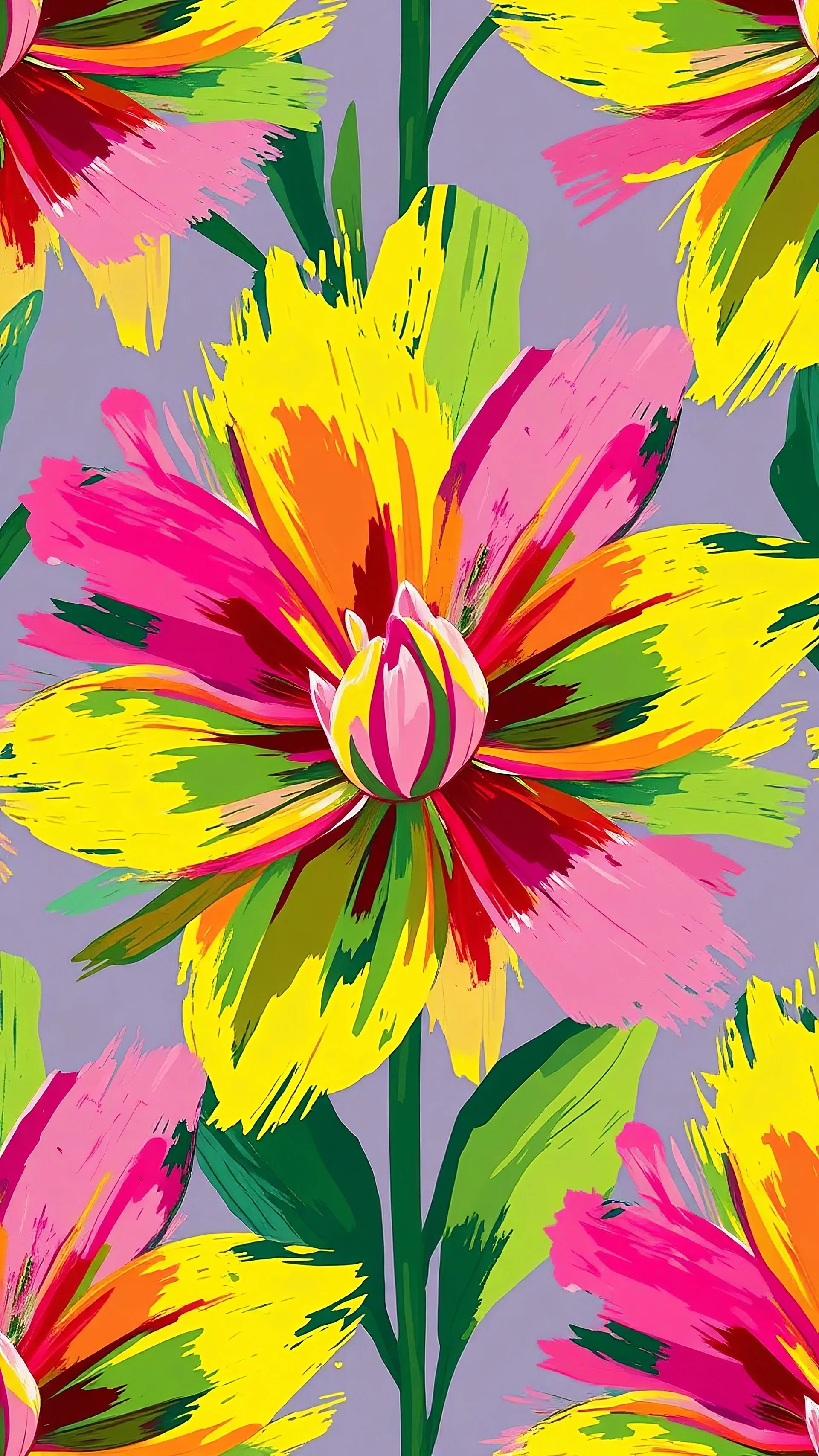 A vibrant and colorful abstract flower with bold, expressive brushstrokes in shades of pink, yellow, green, and blue. The flower seamless pattern