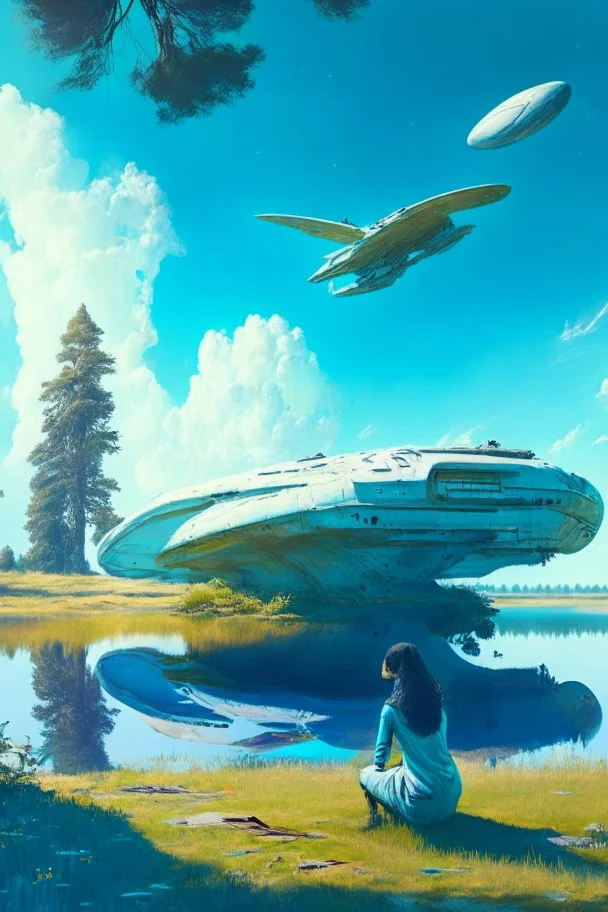 spaceship in a clearing, next to a lake, with a woman kneeling under it repairing it, blue sky