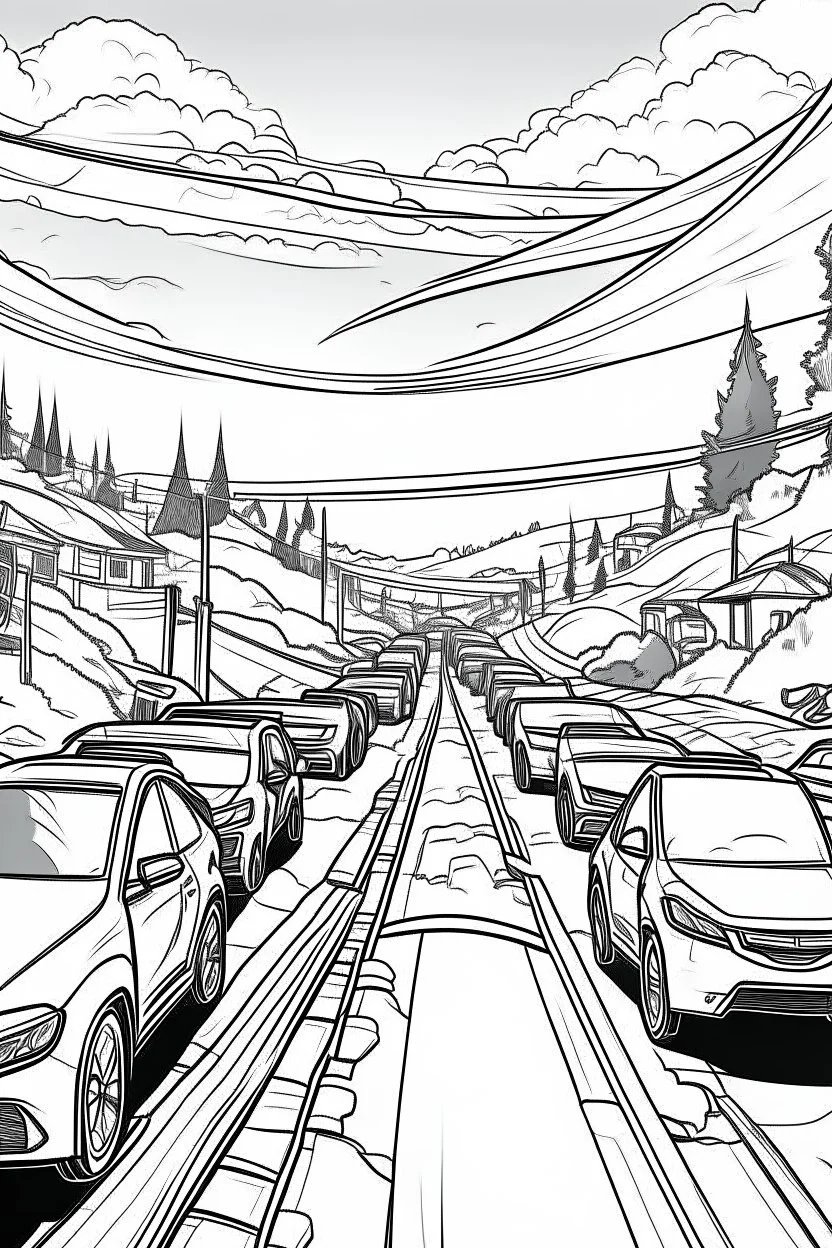 Outline art, no shading, cars on the road, cartoon style, black and white, low detail, --ar 9:11