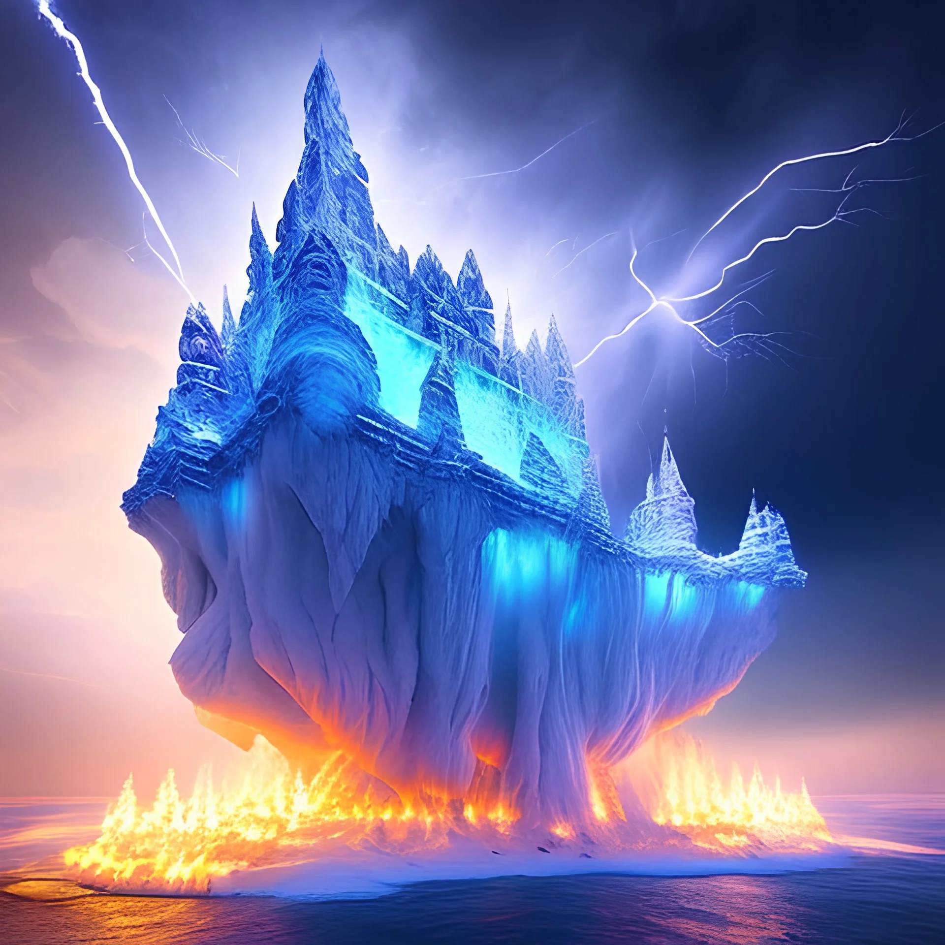 something flying over exploding ice castle, blue storm clouds and burning lightening