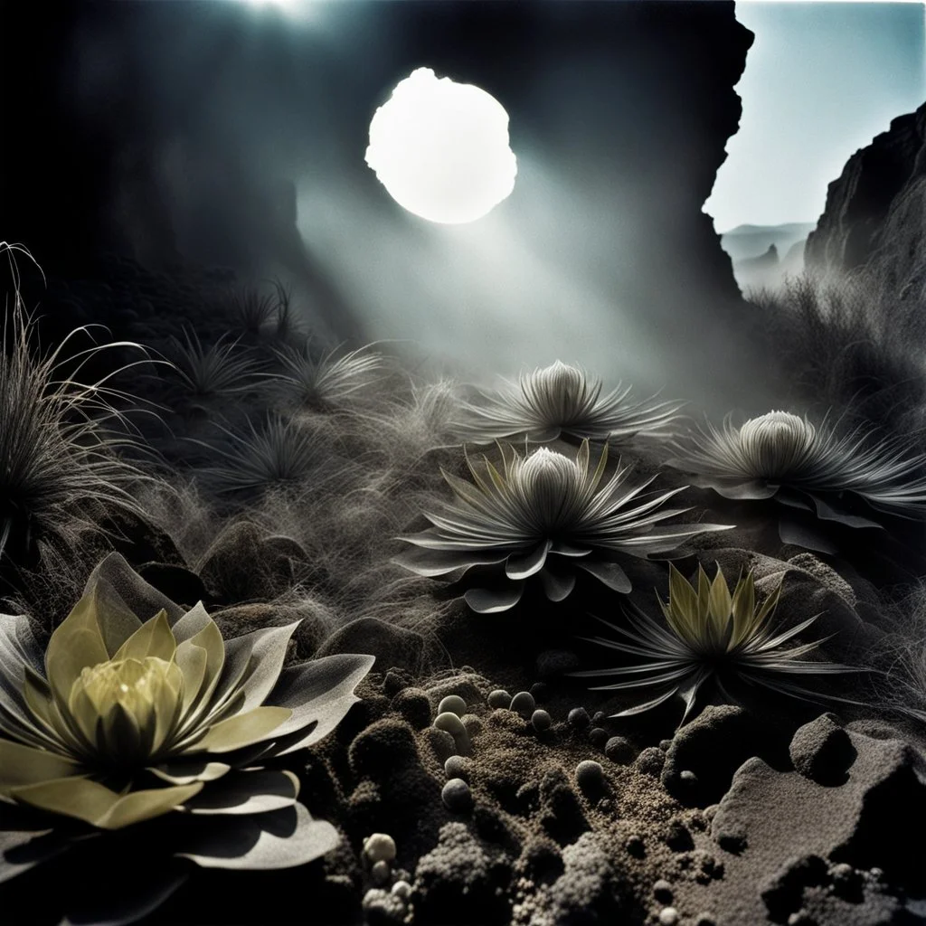 A striking quality Kodak close-up photograph captures a wasteland with groups of plants, creepy, details of the dust very accentuated, glossy, organic, adorned with minerals and rocks. Bathed in intense light, eerie, Max Ernst style, black sun, fog