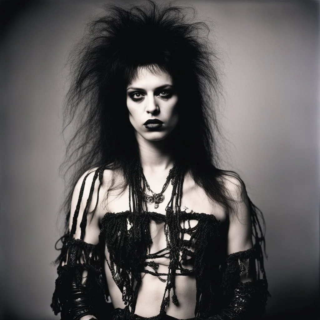 dramatic portrait of Gitane Demone of band Christian Death 1985,