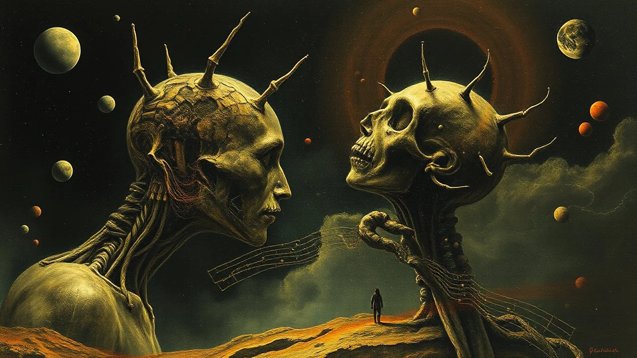 Thomas Ligotti manikin world, they can't hear you scream in space, by Dave McKean, inspired by the nightmare paintings of Zdzislaw Beksinski, by Wassily Kandinsky, double exposure, gnostic tragedy, sinister