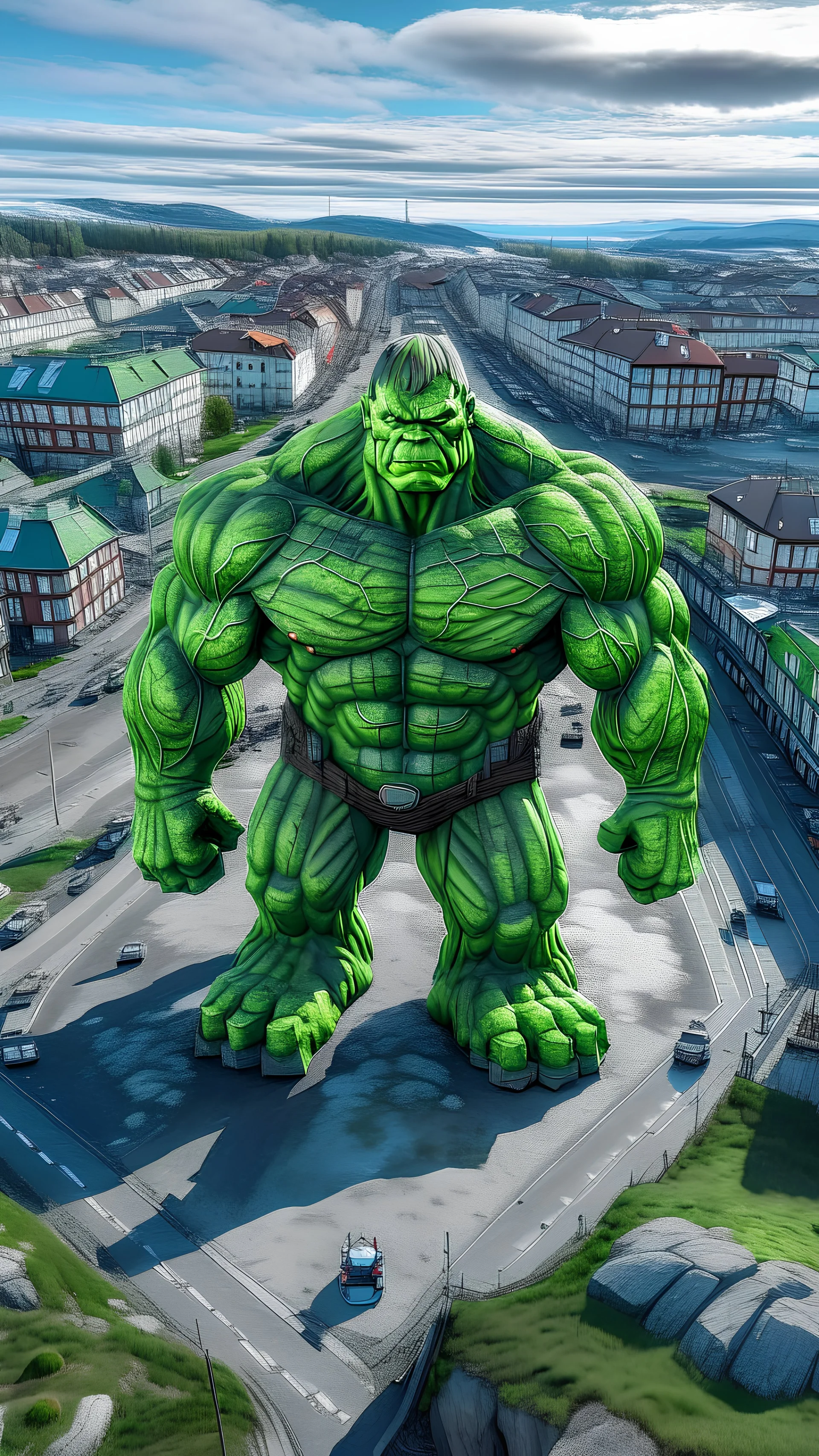 drone shot, close up portrait of Hulk over Nidelven in Trondheim