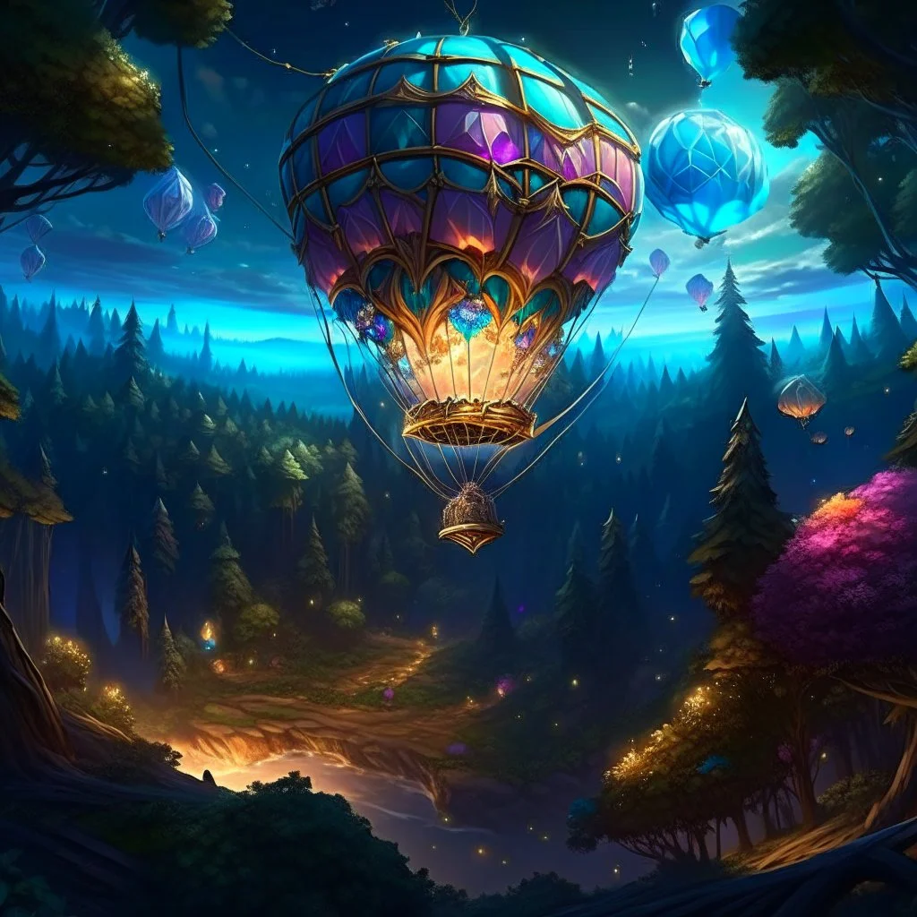 extremely detailed (glowy crystal balloon) with a ((basket tied down)) flying over a forest, looting crystals, at night, whimsical, weid, magical, league of legends, art by MSchiffer, breathtaking sky, 32k resolution, best quality